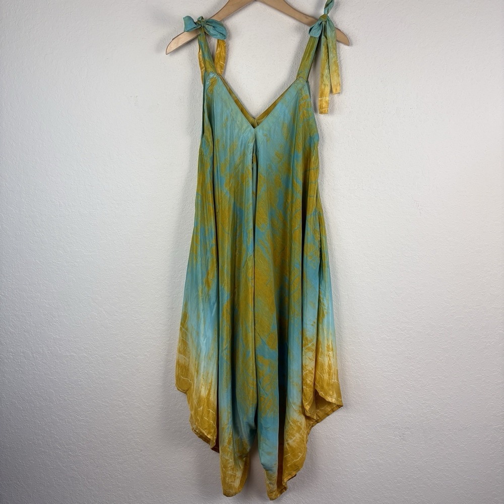 Garden Belle Shop OS Silk Blend Jumpsuit Festival Wide Leg Indie Hippie Tie Dye